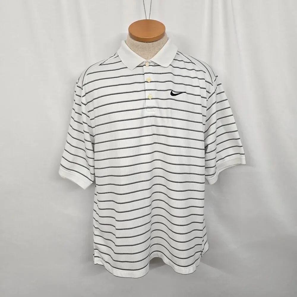 Nike Dri-Fit Polo Shirt Men's XL * White Black Stripe Short Sleeve Preppy Swoosh